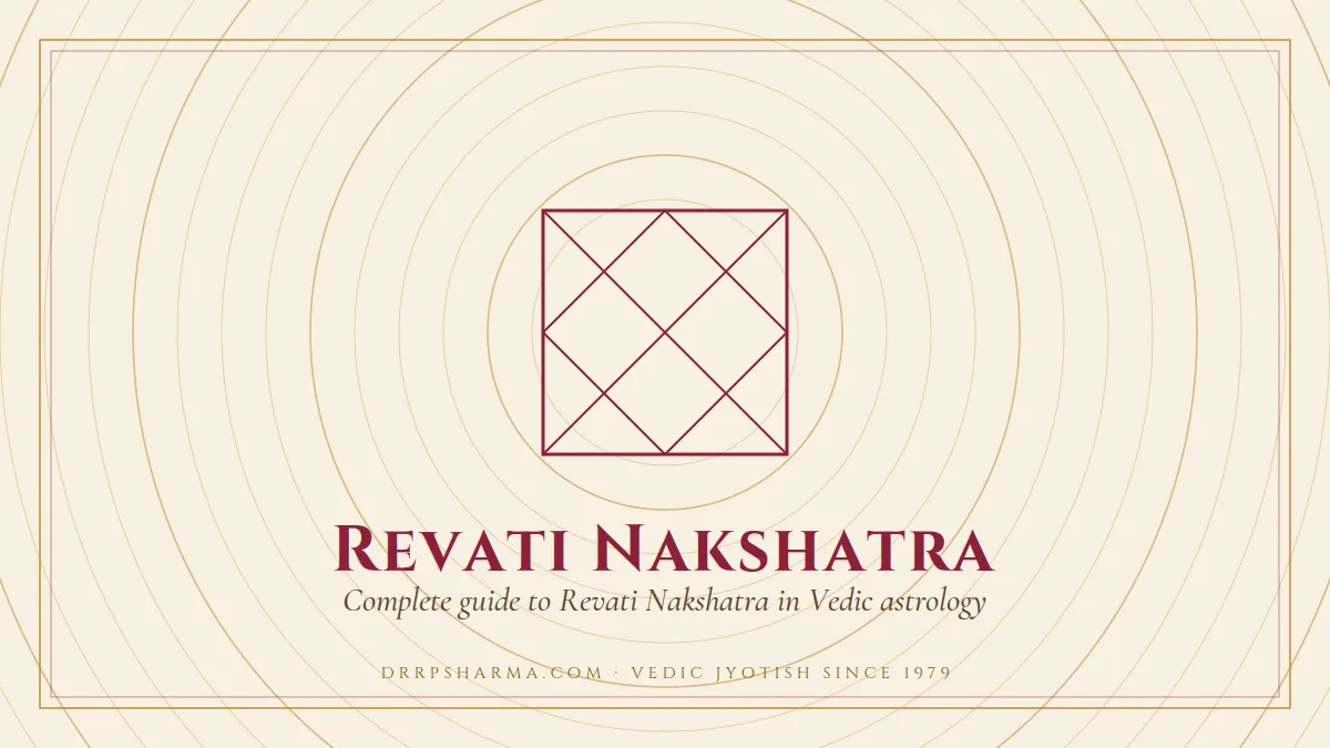 Revati Nakshatra — a Vedic birth-chart (kundli) diagram motif on a parchment plate