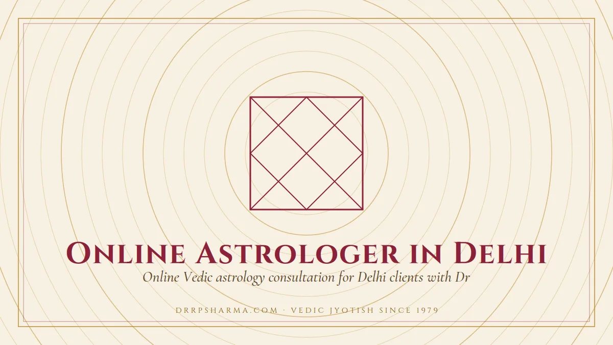 Online Astrologer in Delhi — a Vedic birth-chart (kundli) diagram motif on a parchment plate