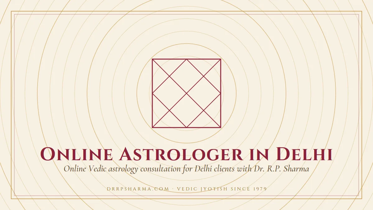 Online Astrologer in Delhi — a Vedic birth-chart (kundli) diagram motif on a parchment plate