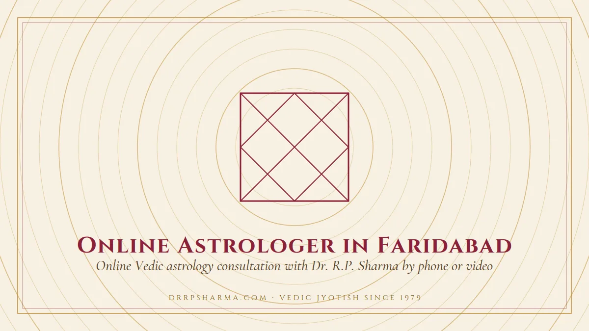 Online Astrologer in Faridabad — a Vedic birth-chart (kundli) diagram motif on a parchment plate