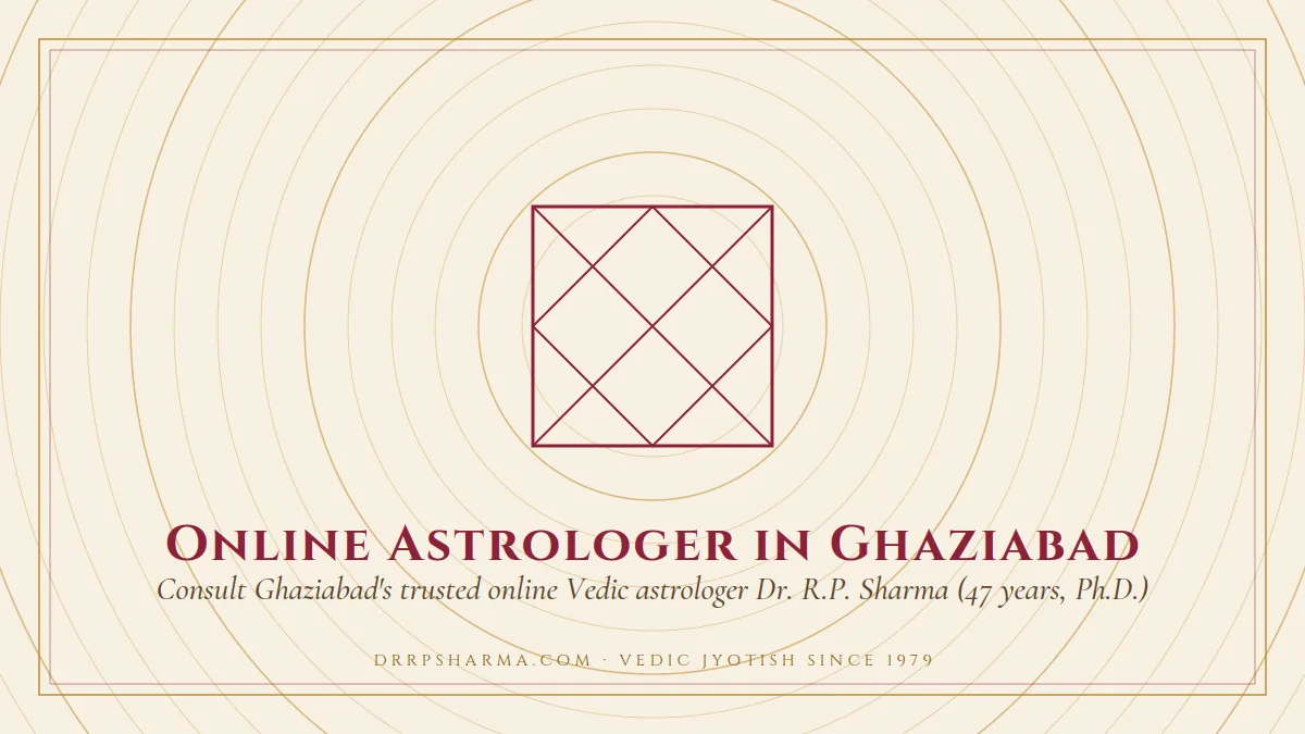 Online Astrologer in Ghaziabad — a Vedic birth-chart (kundli) diagram motif on a parchment plate