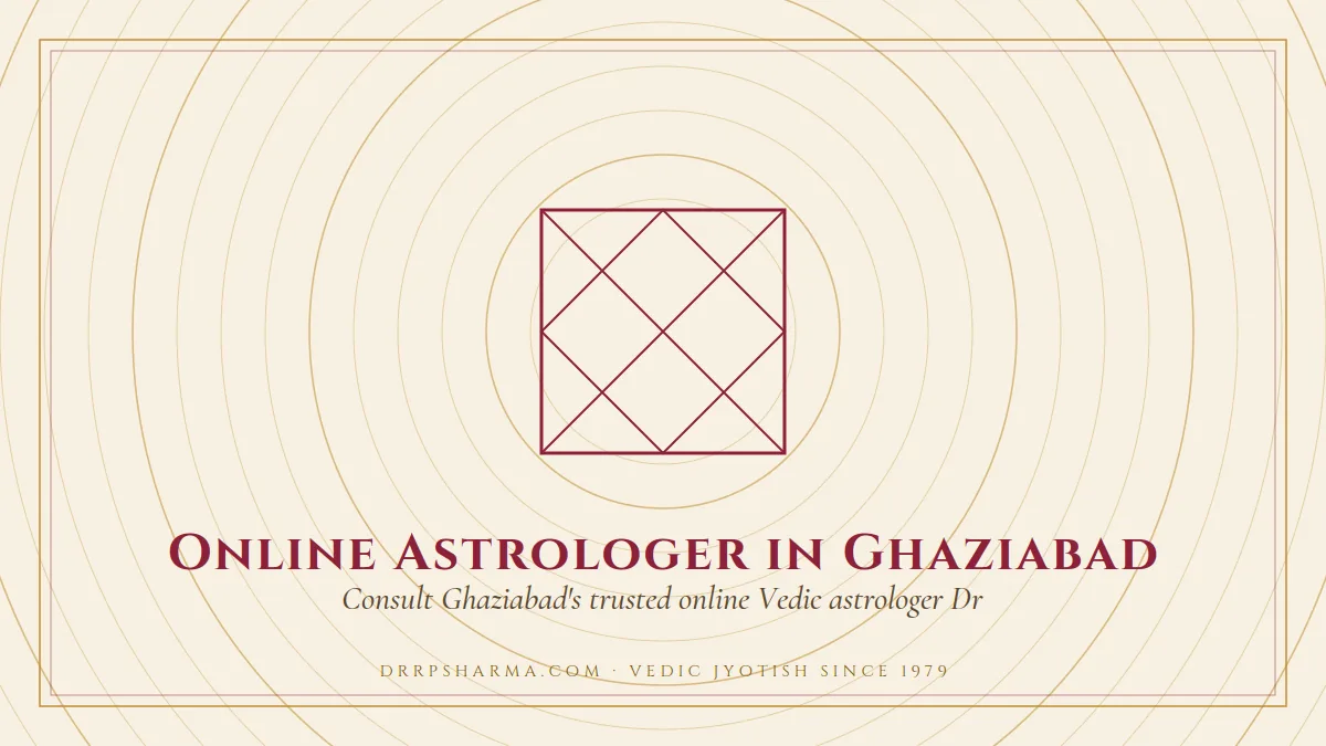 Online Astrologer in Ghaziabad — a Vedic birth-chart (kundli) diagram motif on a parchment plate