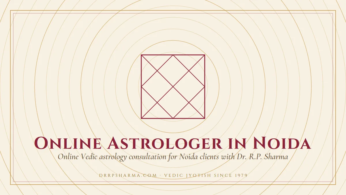 Online Astrologer in Noida — a Vedic birth-chart (kundli) diagram motif on a parchment plate