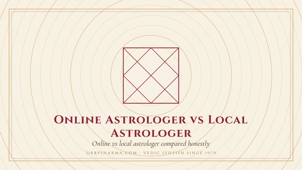 Online Astrologer vs Local Astrologer — a Vedic birth-chart (kundli) diagram motif on a parchment plate