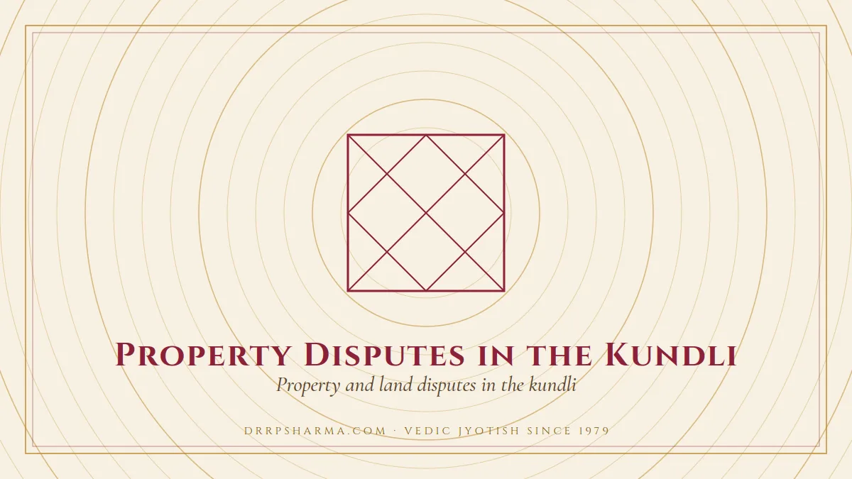 Property Disputes in the Kundli — a Vedic birth-chart (kundli) diagram motif on a parchment plate