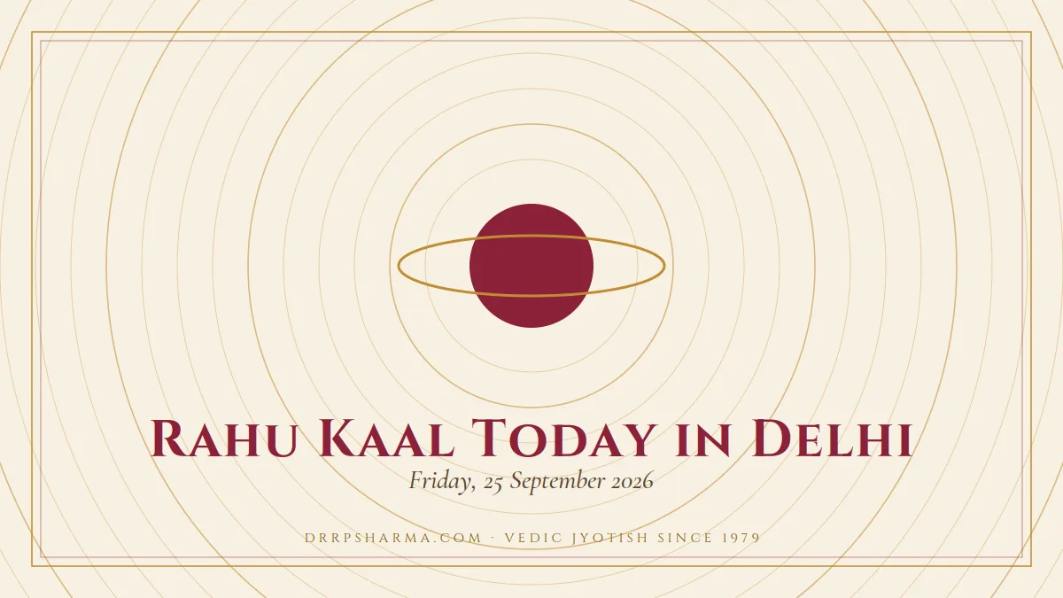 Rahu Kaal Today in Delhi — a ringed-planet motif on a parchment plate