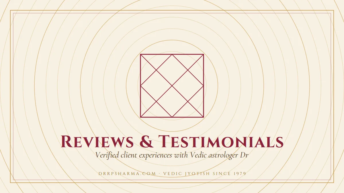 Reviews & Testimonials — a Vedic birth-chart (kundli) diagram motif on a parchment plate