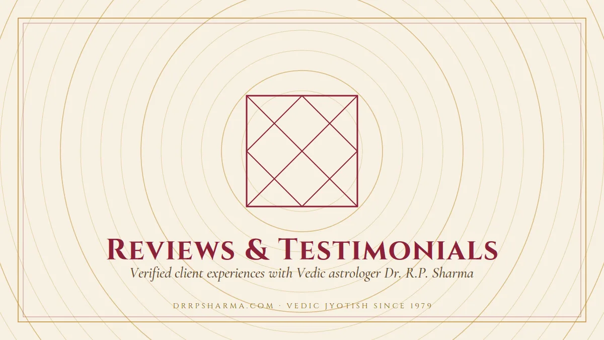 Reviews & Testimonials — a Vedic birth-chart (kundli) diagram motif on a parchment plate