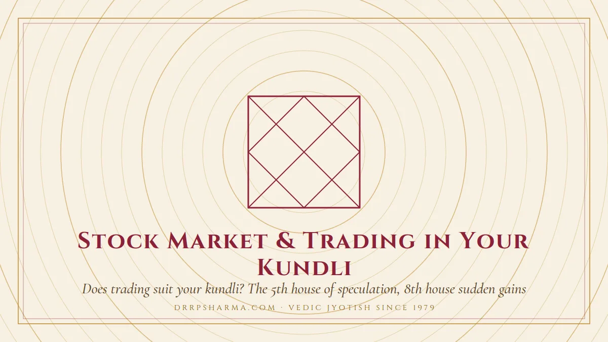 Stock Market & Trading in Your Kundli — a Vedic birth-chart (kundli) diagram motif on a parchment plate