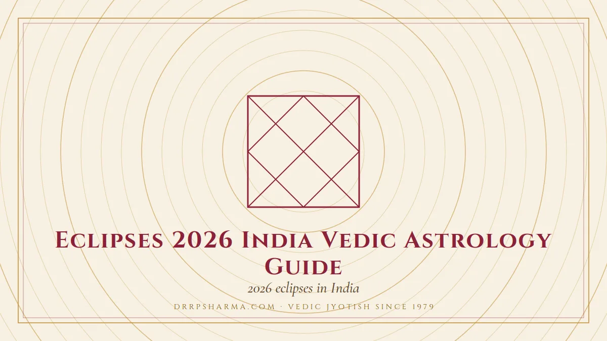 Eclipses 2026 India Vedic Astrology Guide — a Vedic birth-chart (kundli) diagram motif on a parchment plate