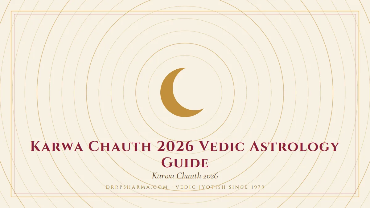 Karwa Chauth 2026 Vedic Astrology Guide — a gold crescent-moon motif on a parchment plate