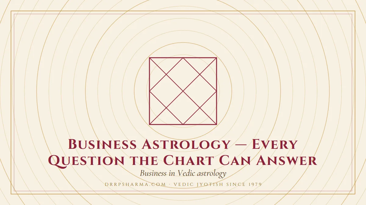 Business Astrology — Every Question the Chart Can Answer — a Vedic birth-chart (kundli) diagram motif on a parchment plate