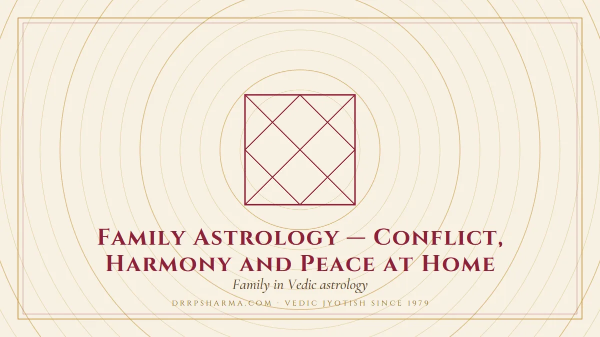 Family Astrology — Conflict, Harmony and Peace at Home — a Vedic birth-chart (kundli) diagram motif on a parchment plate