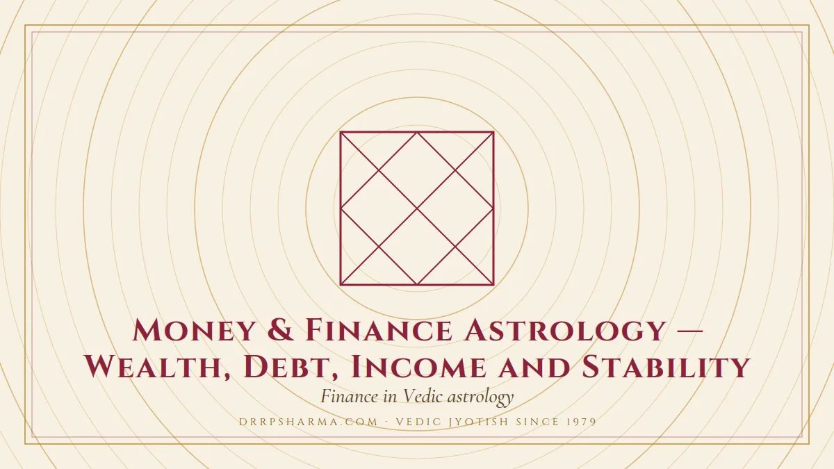 Money & Finance Astrology — Wealth, Debt, Income and Stability — a Vedic birth-chart (kundli) diagram motif on a parchment plate