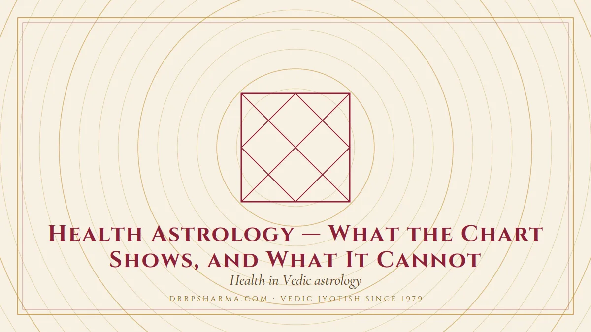 Health Astrology — What the Chart Shows, and What It Cannot — a Vedic birth-chart (kundli) diagram motif on a parchment plate