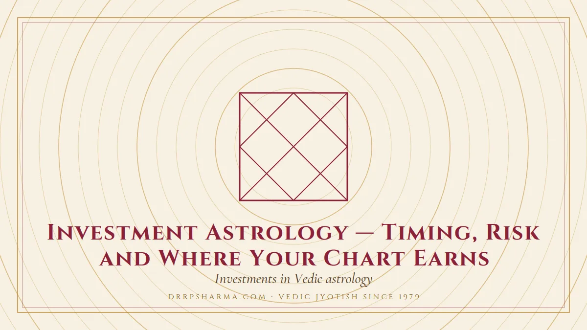 Investment Astrology — Timing, Risk and Where Your Chart Earns — a Vedic birth-chart (kundli) diagram motif on a parchment plate
