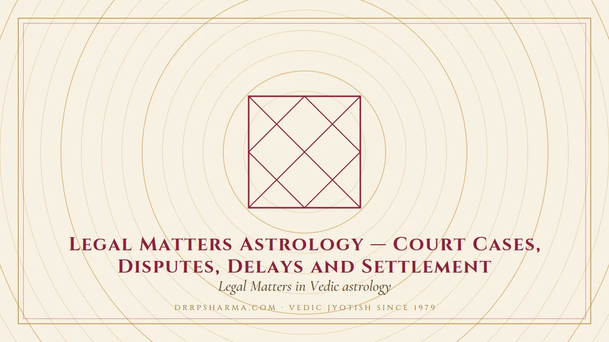 Legal Matters Astrology — Court Cases, Disputes, Delays and Settlement — a Vedic birth-chart (kundli) diagram motif on a parchment plate