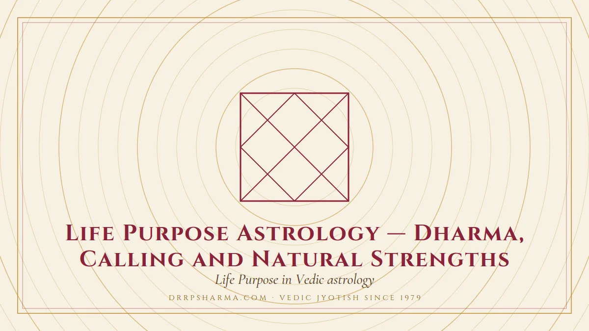 Life Purpose Astrology — Dharma, Calling and Natural Strengths — a Vedic birth-chart (kundli) diagram motif on a parchment plate