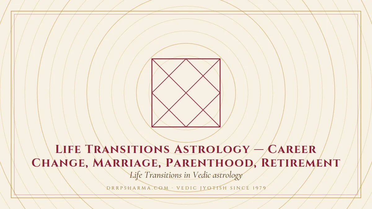 Life Transitions Astrology — Career Change, Marriage, Parenthood, Retirement — a Vedic birth-chart (kundli) diagram motif on a parchment plate