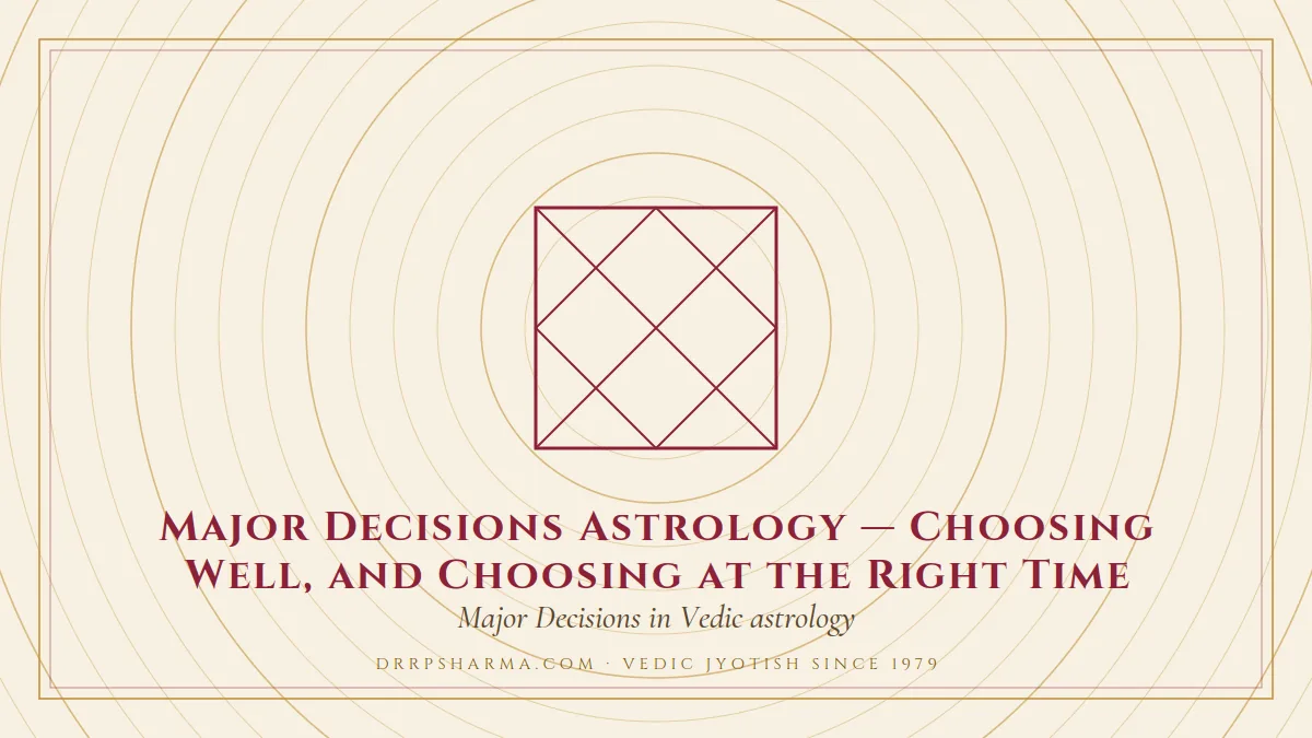 Major Decisions Astrology — Choosing Well, and Choosing at the Right Time — a Vedic birth-chart (kundli) diagram motif on a parchment plate