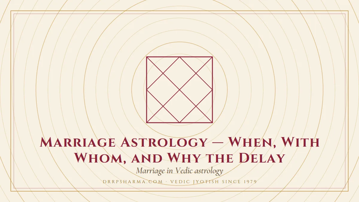 Marriage Astrology — When, With Whom, and Why the Delay — a Vedic birth-chart (kundli) diagram motif on a parchment plate