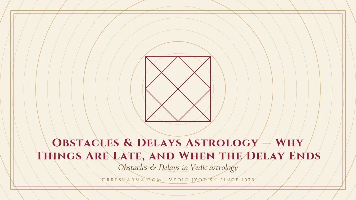 Obstacles & Delays Astrology — Why Things Are Late, and When the Delay Ends — a Vedic birth-chart (kundli) diagram motif on a parchment plate