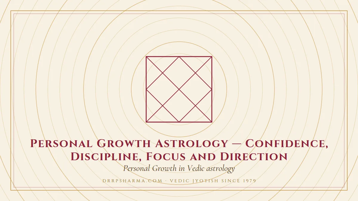 Personal Growth Astrology — Confidence, Discipline, Focus and Direction — a Vedic birth-chart (kundli) diagram motif on a parchment plate