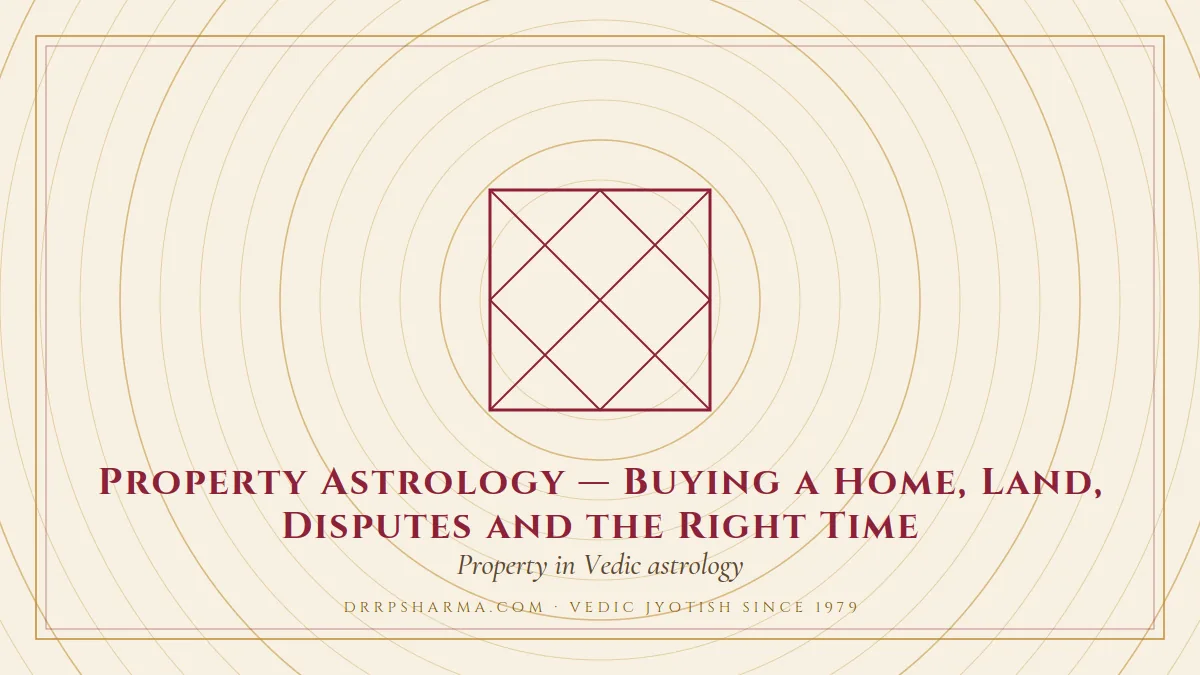 Property Astrology — Buying a Home, Land, Disputes and the Right Time — a Vedic birth-chart (kundli) diagram motif on a parchment plate