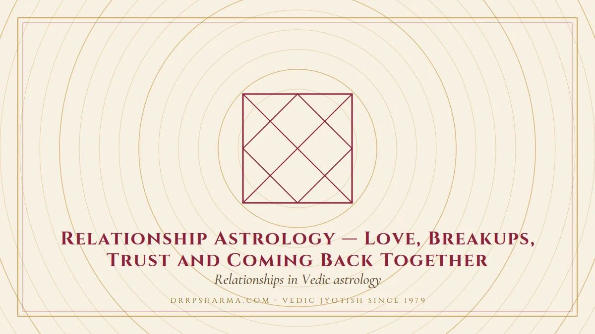 Relationship Astrology — Love, Breakups, Trust and Coming Back Together — a Vedic birth-chart (kundli) diagram motif on a parchment plate