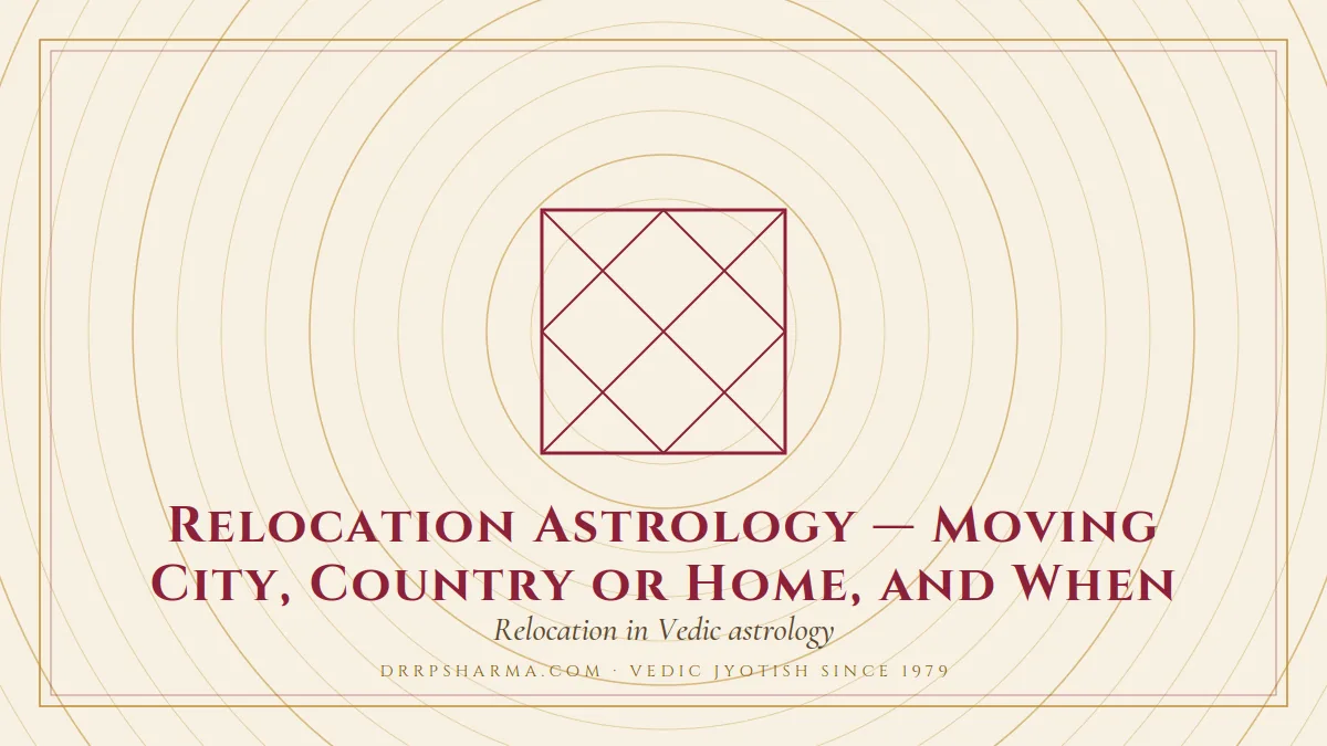 Relocation Astrology — Moving City, Country or Home, and When — a Vedic birth-chart (kundli) diagram motif on a parchment plate