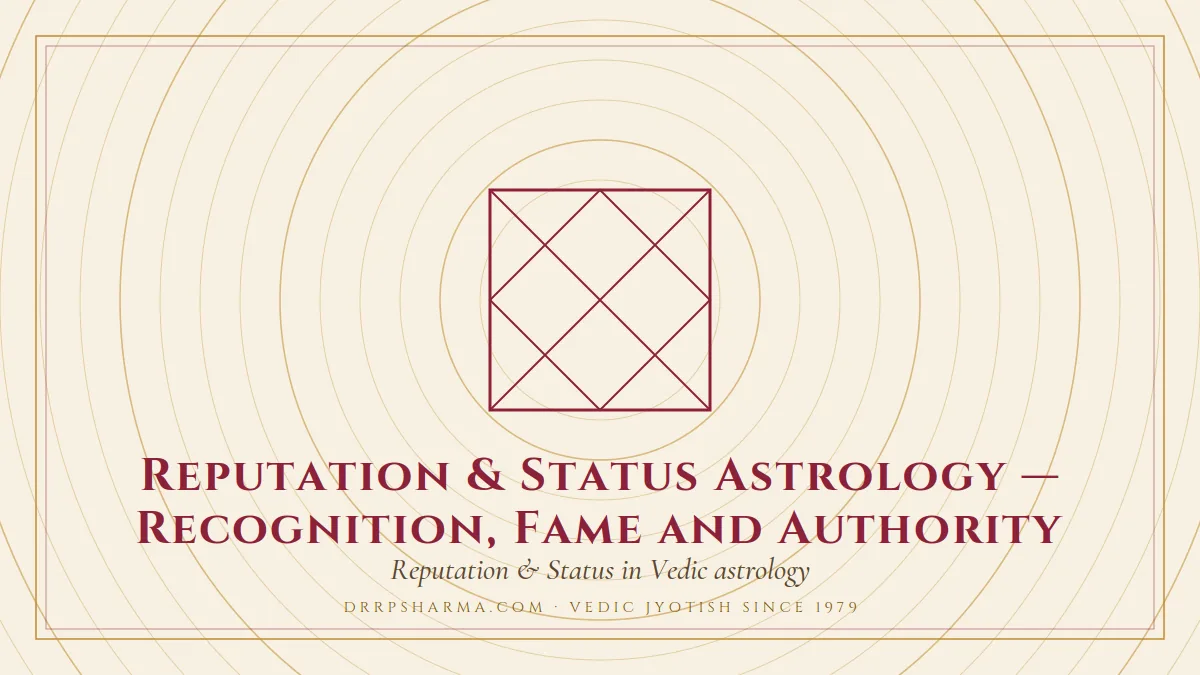 Reputation & Status Astrology — Recognition, Fame and Authority — a Vedic birth-chart (kundli) diagram motif on a parchment plate