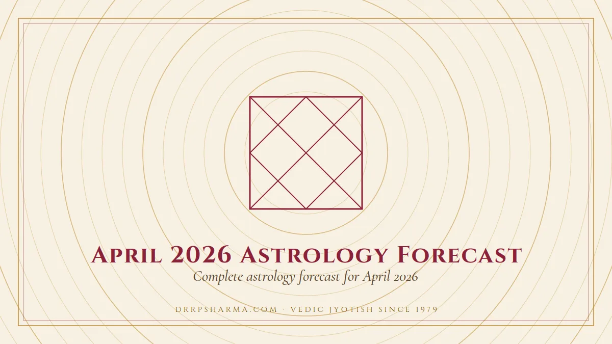 April 2026 Astrology Forecast — a Vedic birth-chart (kundli) diagram motif on a parchment plate