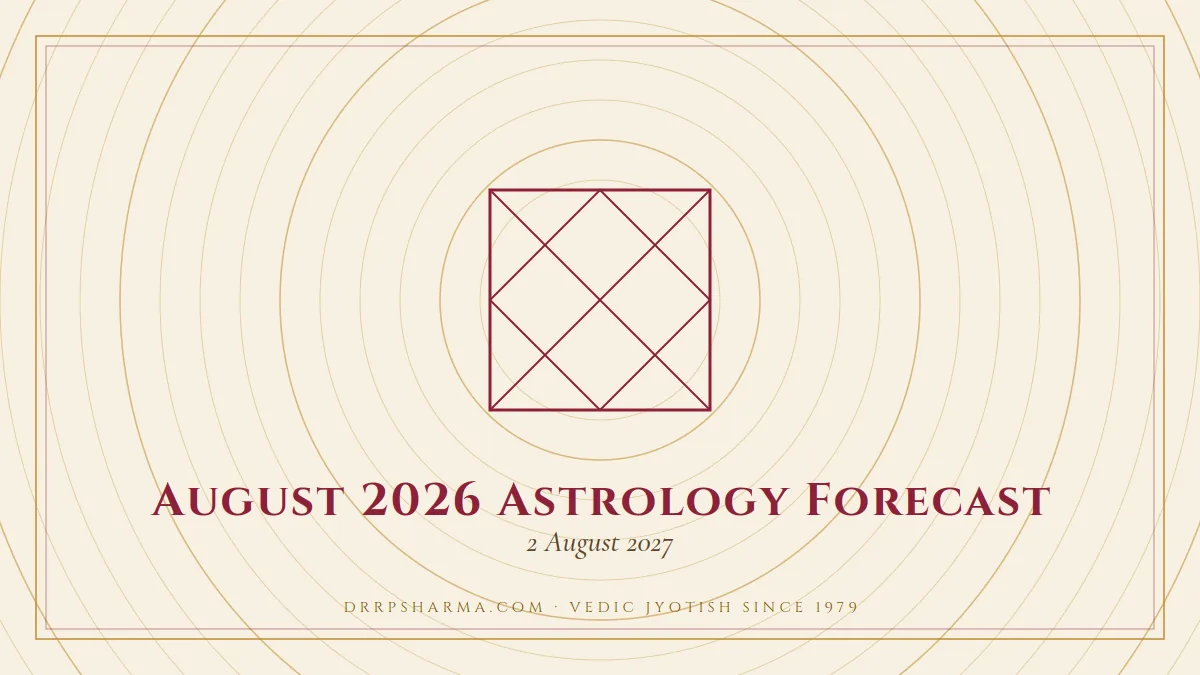 August 2026 Astrology Forecast — a Vedic birth-chart (kundli) diagram motif on a parchment plate