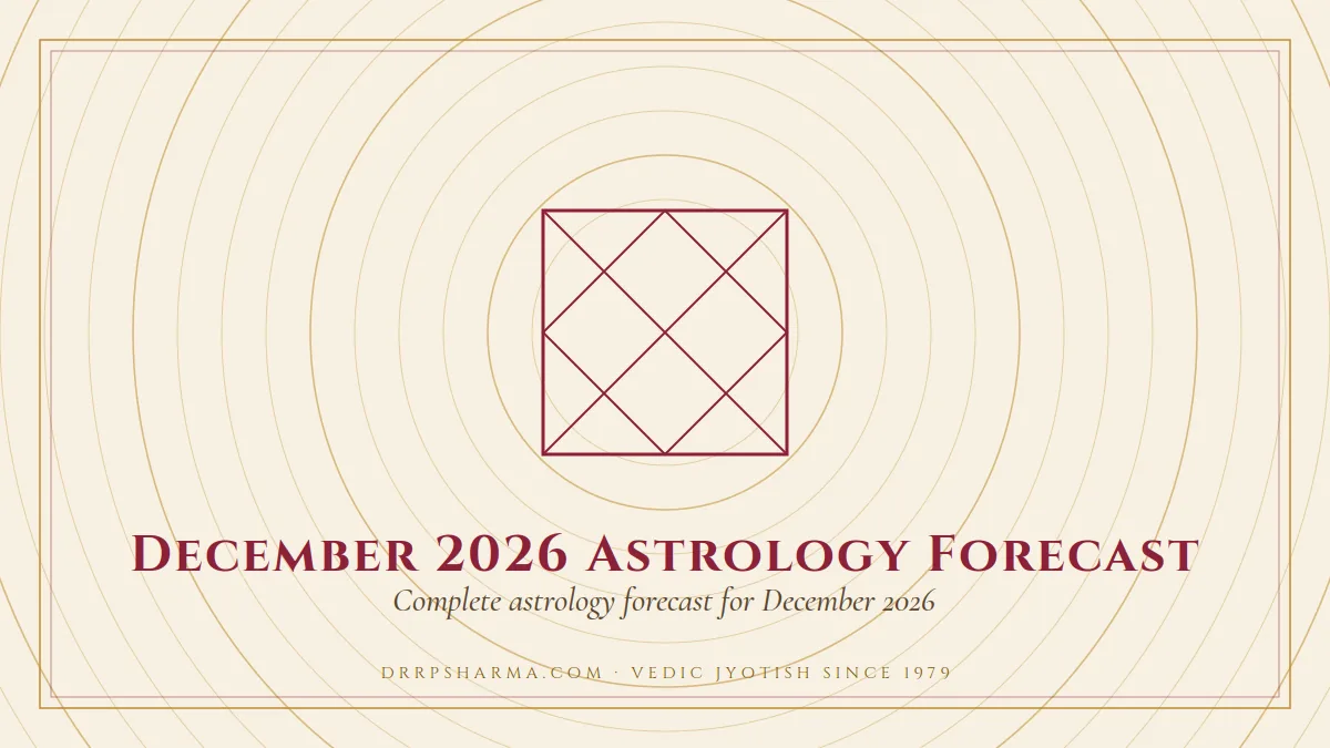December 2026 Astrology Forecast — a Vedic birth-chart (kundli) diagram motif on a parchment plate