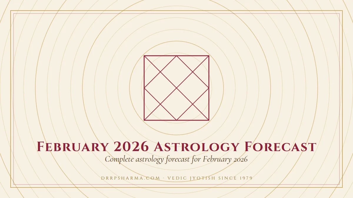 February 2026 Astrology Forecast — a Vedic birth-chart (kundli) diagram motif on a parchment plate