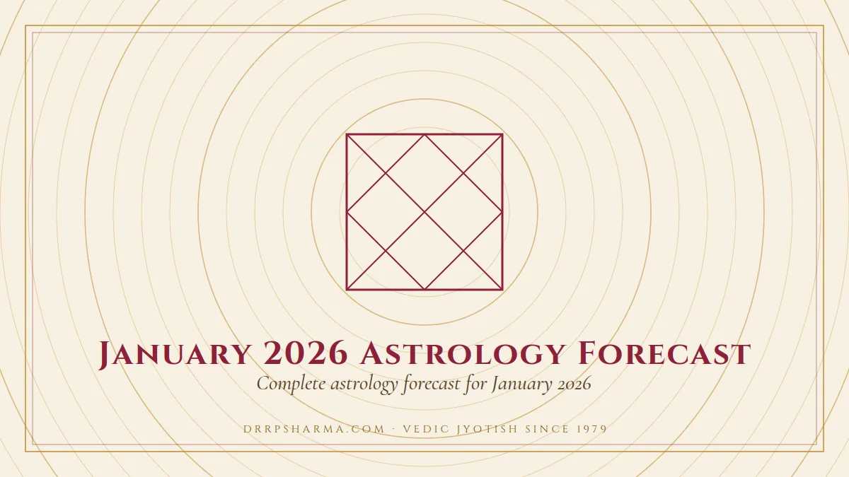 January 2026 Astrology Forecast — a Vedic birth-chart (kundli) diagram motif on a parchment plate