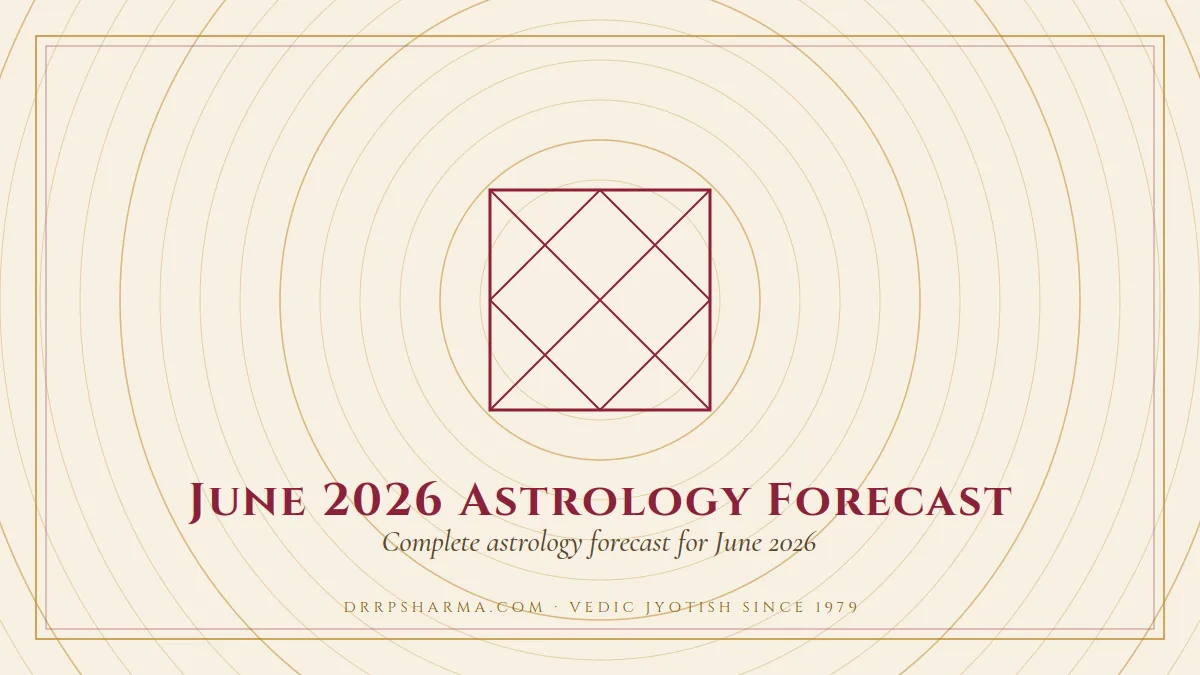 June 2026 Astrology Forecast — a Vedic birth-chart (kundli) diagram motif on a parchment plate