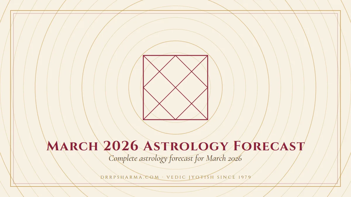 March 2026 Astrology Forecast — a Vedic birth-chart (kundli) diagram motif on a parchment plate