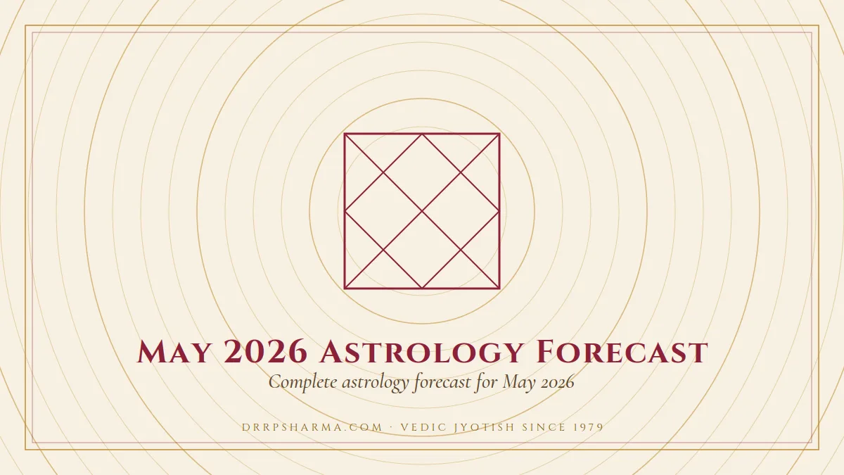 May 2026 Astrology Forecast — a Vedic birth-chart (kundli) diagram motif on a parchment plate