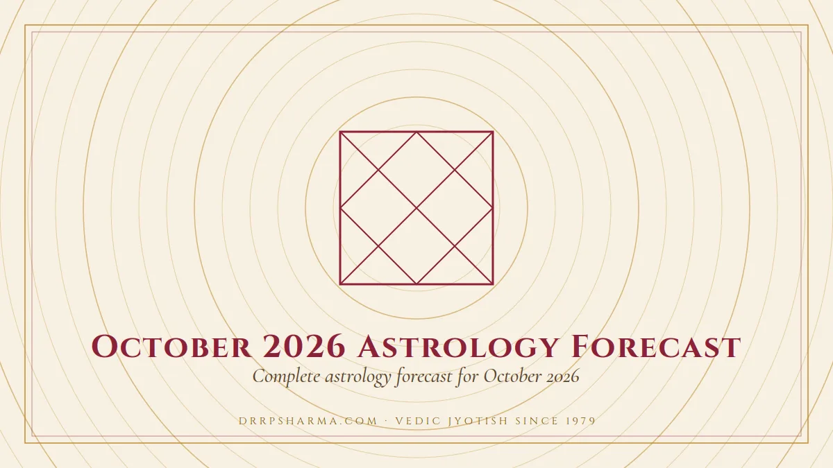 October 2026 Astrology Forecast — a Vedic birth-chart (kundli) diagram motif on a parchment plate