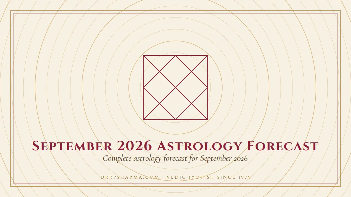 September 2026 Astrology Forecast — a Vedic birth-chart (kundli) diagram motif on a parchment plate