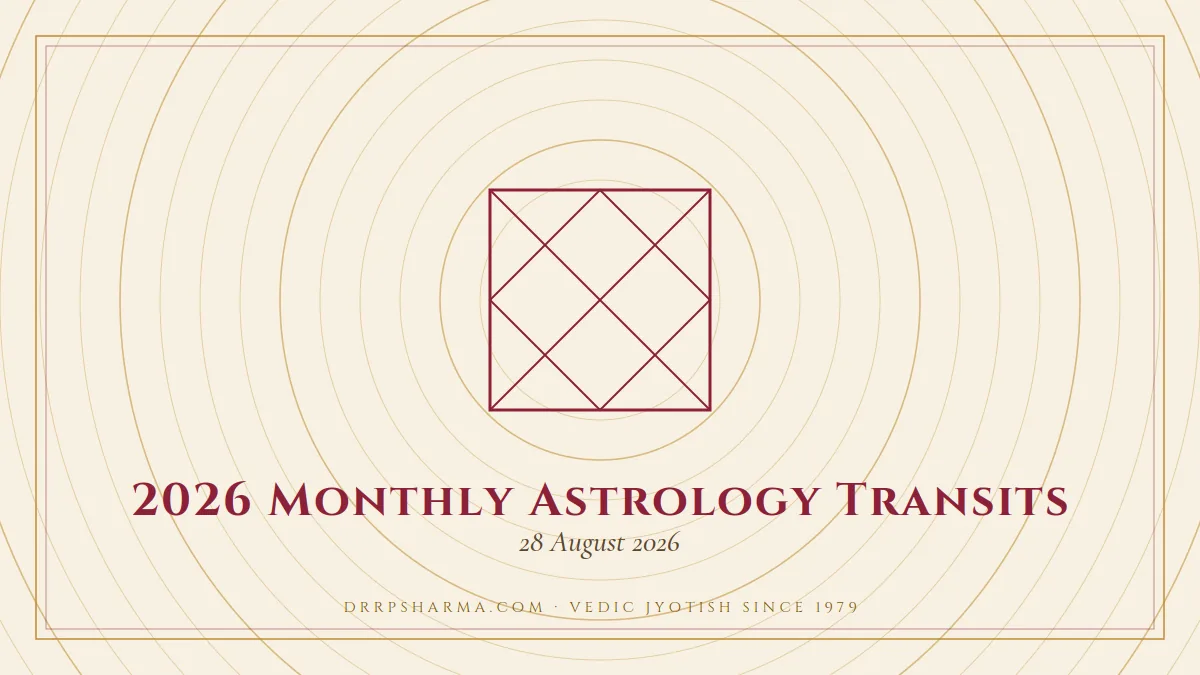 2026 Monthly Astrology Transits — a Vedic birth-chart (kundli) diagram motif on a parchment plate