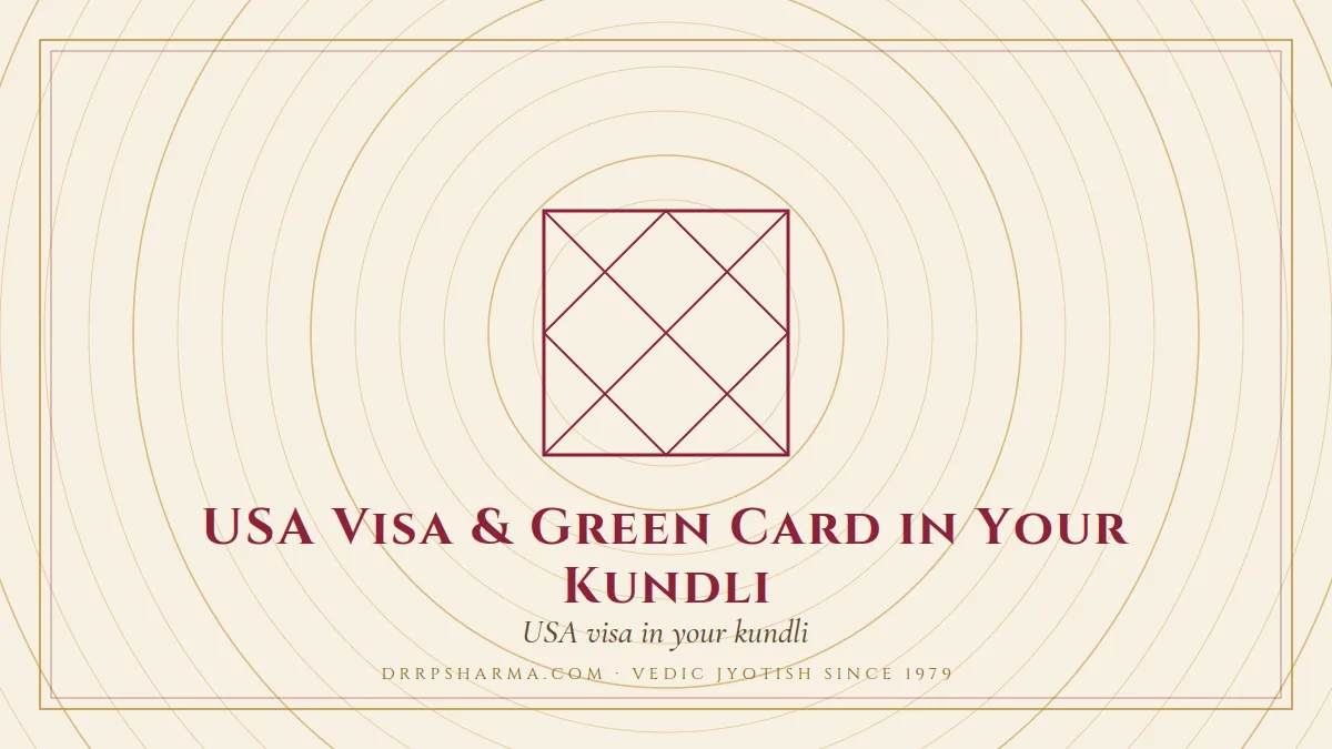 USA Visa & Green Card in Your Kundli — a Vedic birth-chart (kundli) diagram motif on a parchment plate