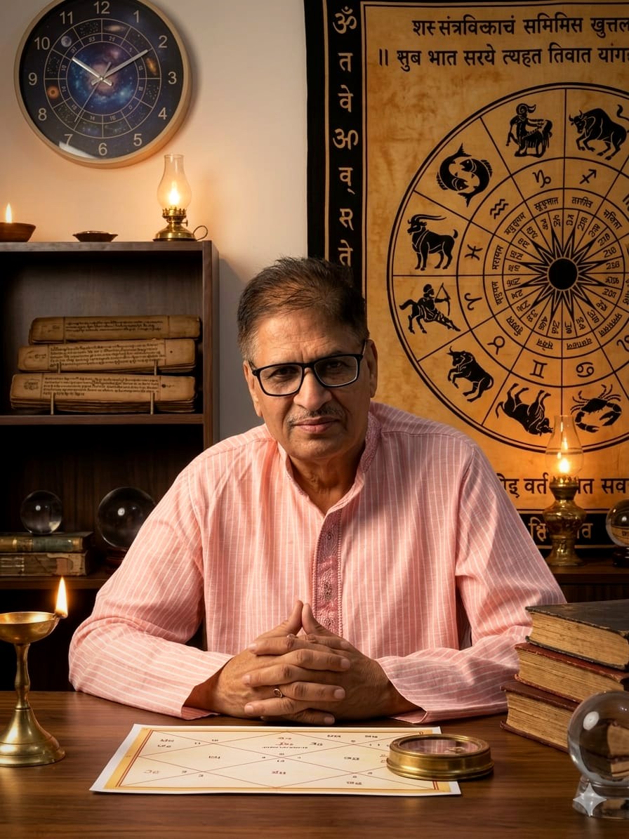 Dr. R.P. Sharma — Vedic Astrologer in his study with ancient manuscripts and zodiac chart, Faridabad